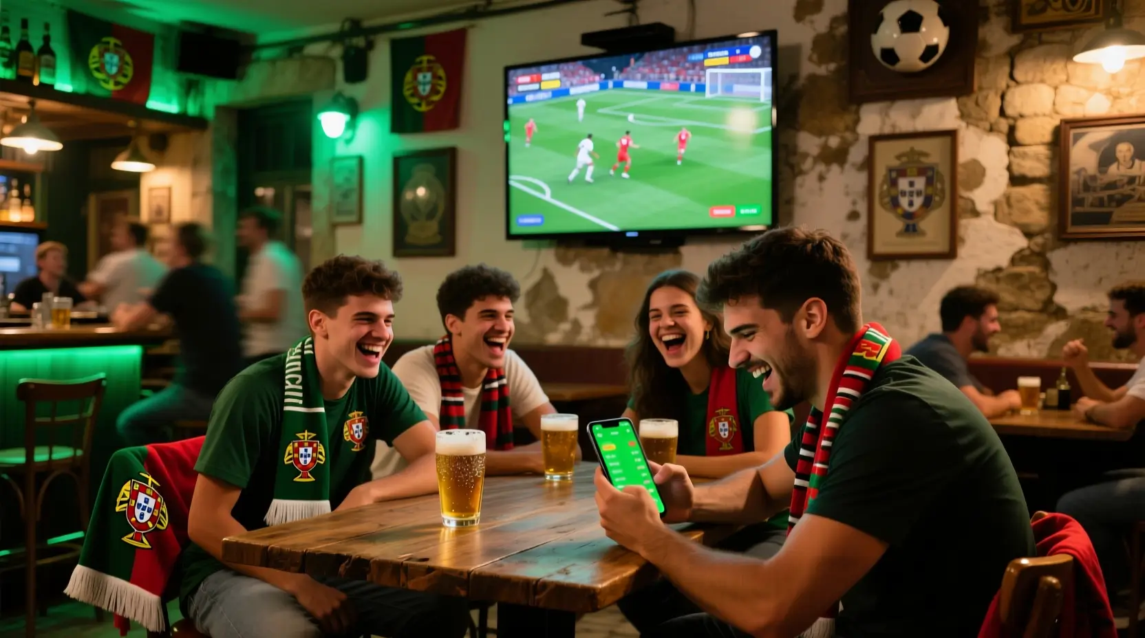 Amigos portugueses a ver jogo de futebol num bar enquanto fazem apostas ao vivo no telemóvel